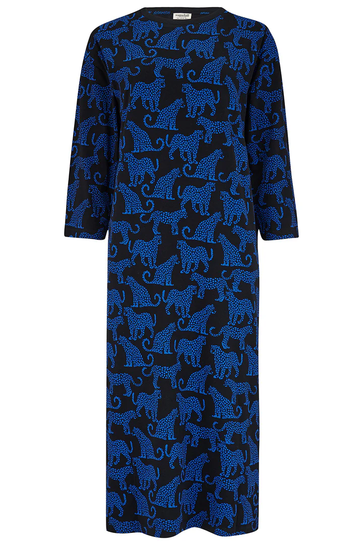 SUGARHILL BRIGHTON - ASHANTI JERSEY MIDI SHIRT DRESS Kleid black blue leopard spots