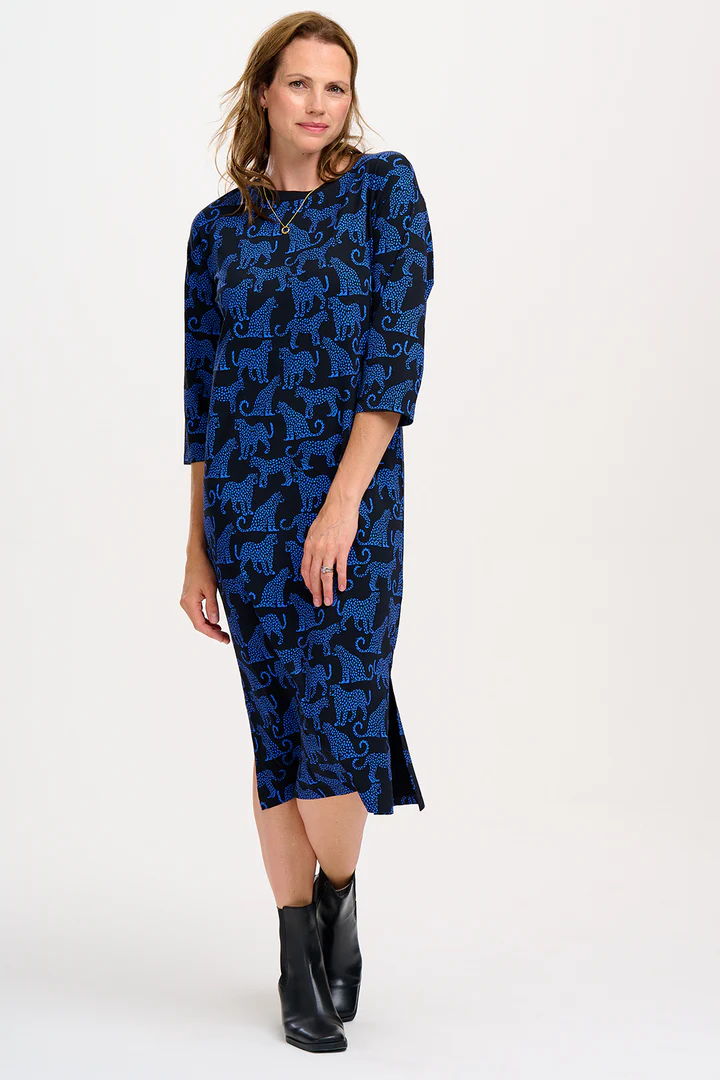 SUGARHILL BRIGHTON - ASHANTI JERSEY MIDI SHIRT DRESS Kleid black blue leopard spots