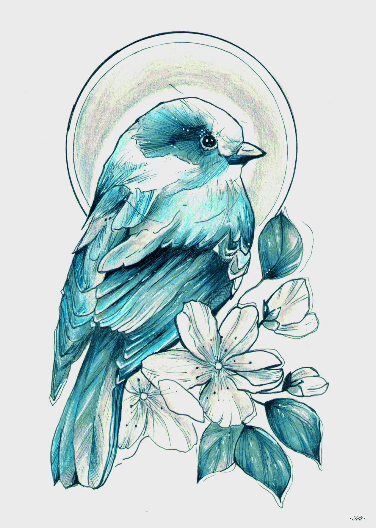 TILLÏ - BLAUER SPATZ Kunstdruck Postkarte - A6