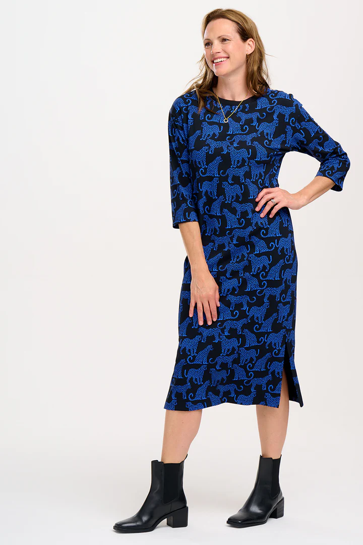SUGARHILL BRIGHTON - ASHANTI JERSEY MIDI SHIRT DRESS Kleid black blue leopard spots